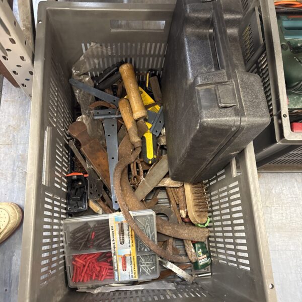 Crate of shed clearance items inc scythes & others