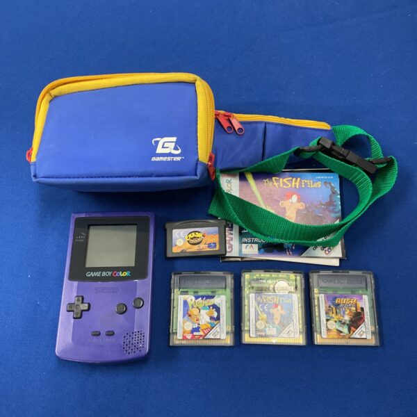 Purple Nintendo Game Boy Color console with game cartridge.