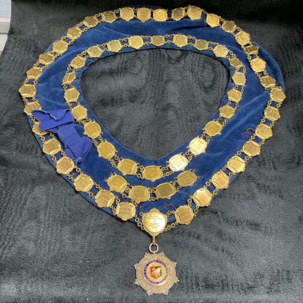 High Wycombe and beaconsfield L V A Licenced victuallers society chairman’s Collar with brass plaques dating from 1950s to 1980s And with silver enamel medal for beaconsfield and district