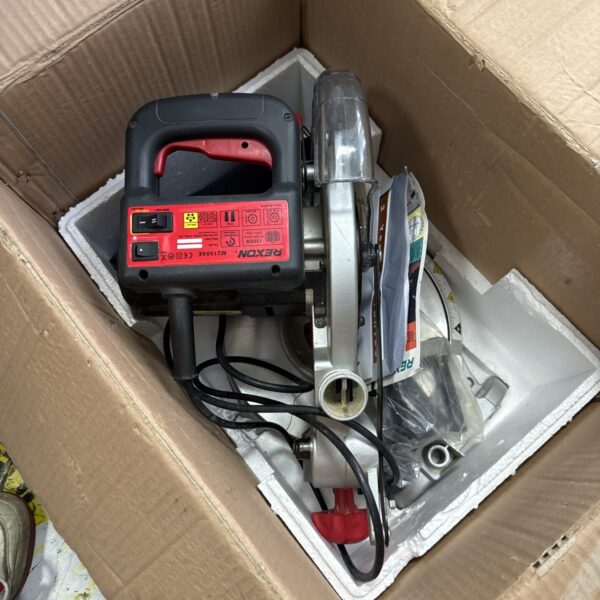 Rexon mitre saw showing the angled cutting blade.