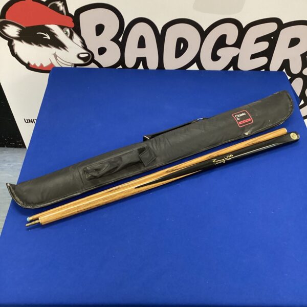 Jimmy White cue and case on blue background