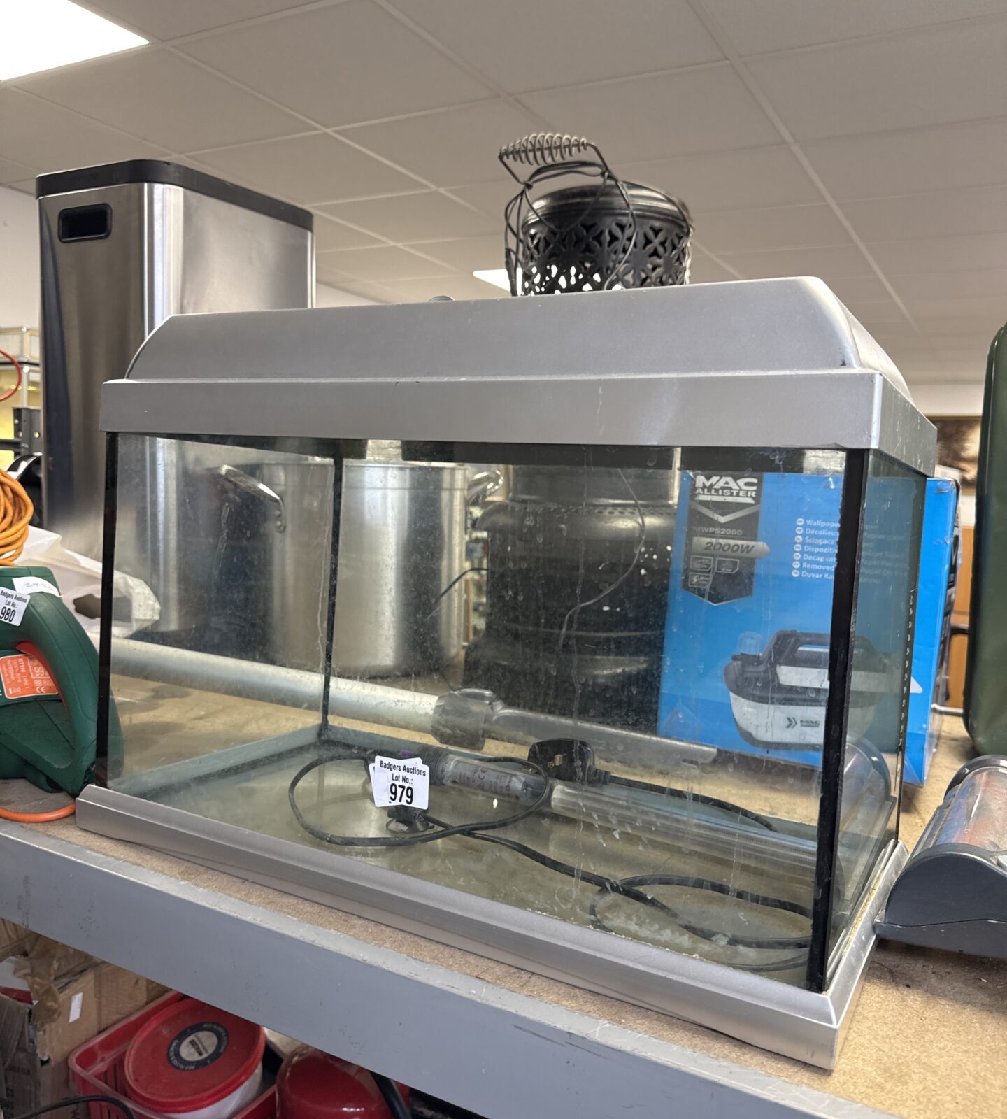 Small rectangular fish tank with heater and lid.