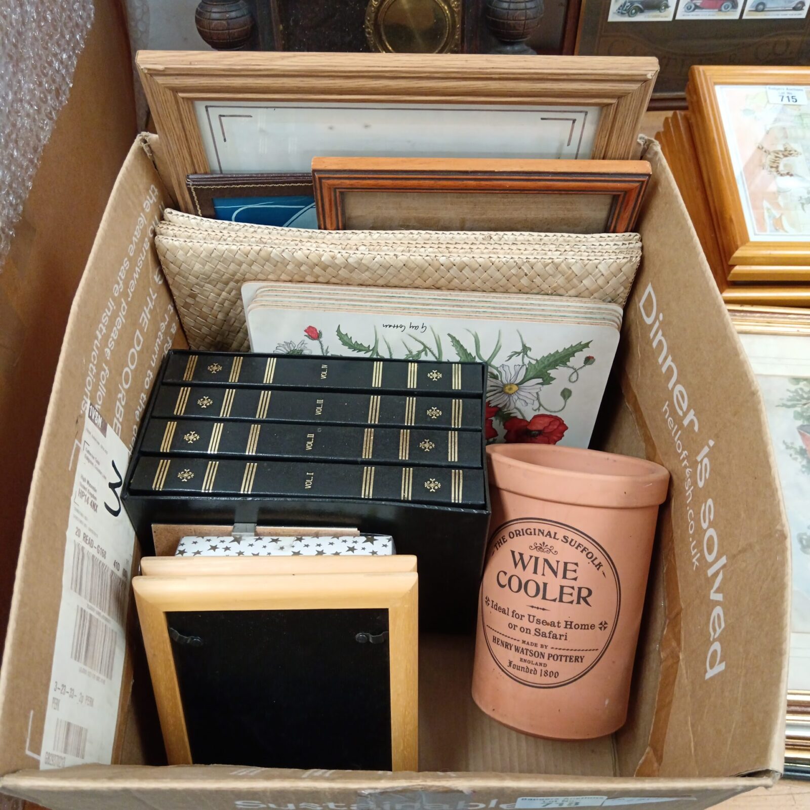 Box of picture frames, place mats & terracotta wine cooler