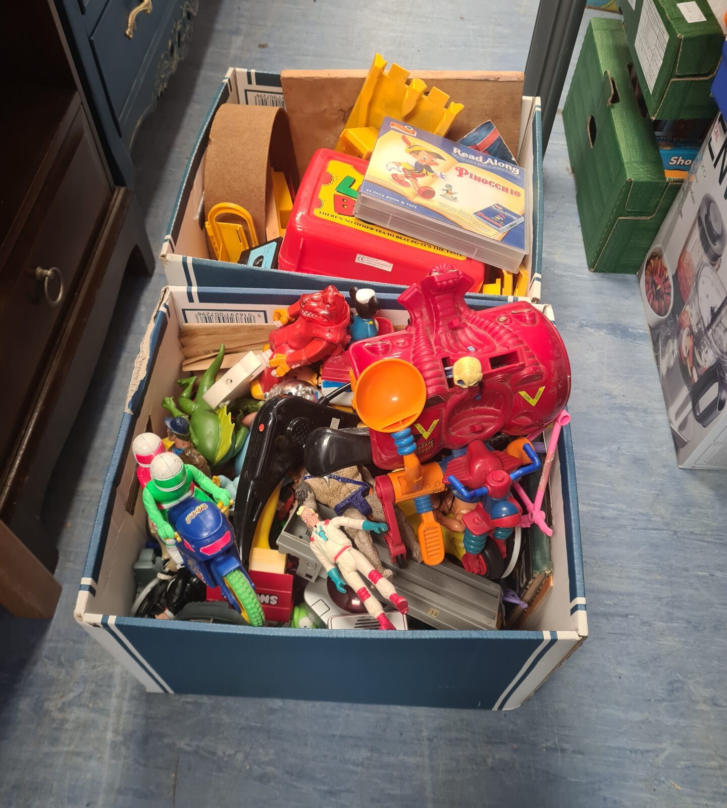 Two boxes full of vintage 1980s and retro figures and toys inc dc, ghostbusters and more