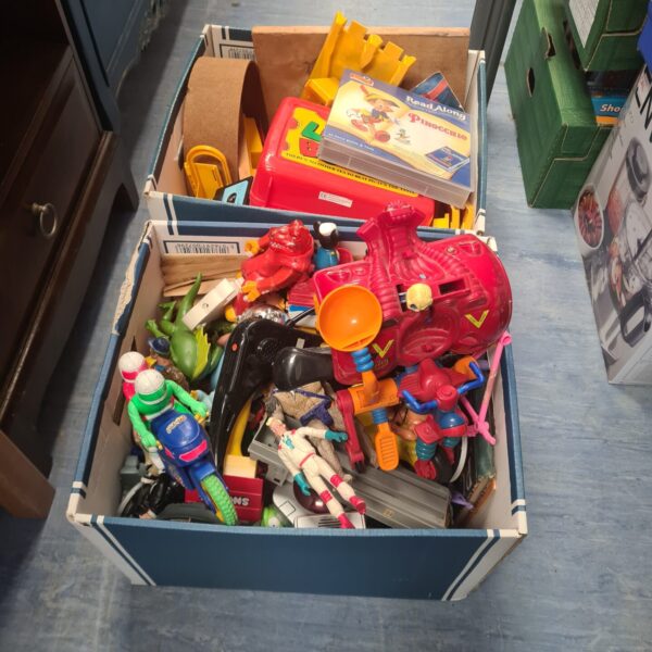 Two boxes full of vintage 1980s and retro figures and toys inc dc, ghostbusters and more