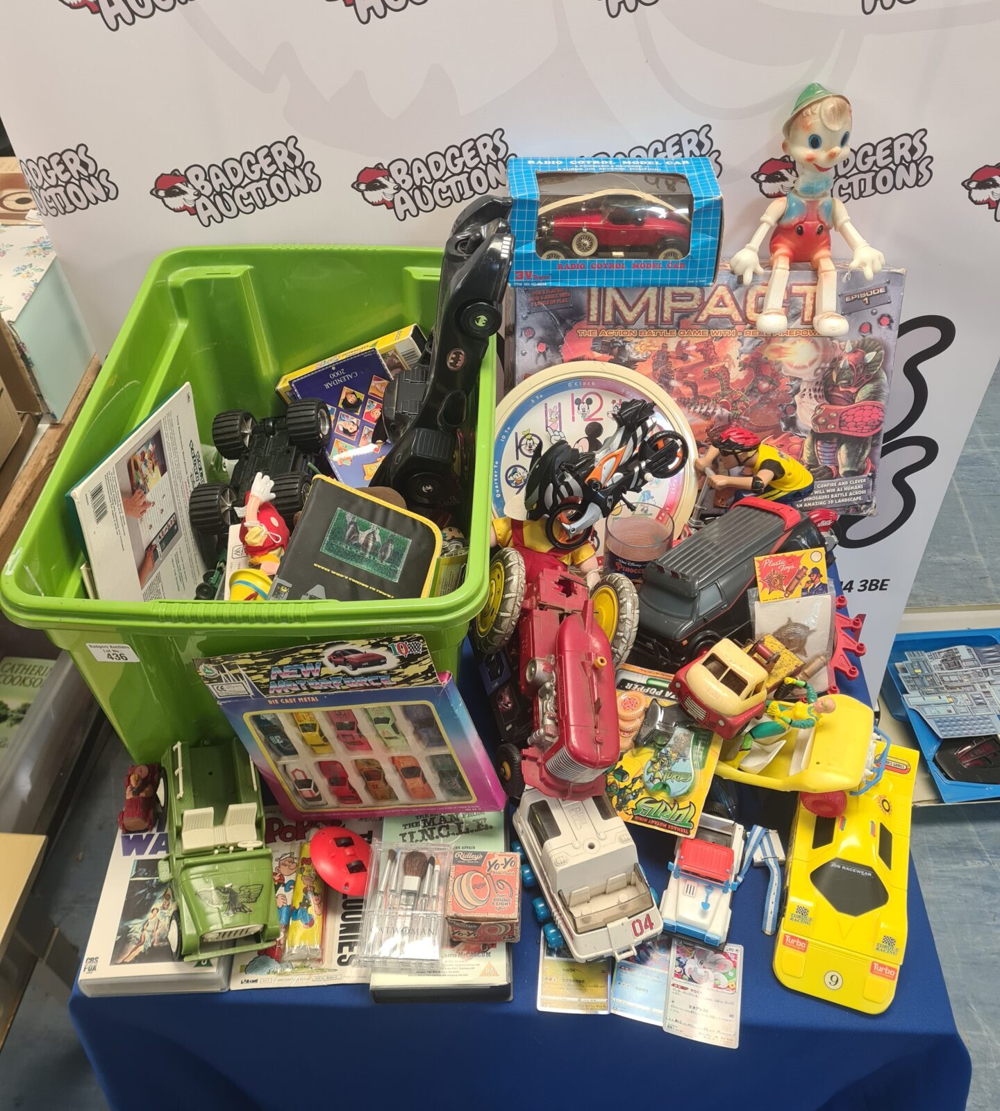 Box full of vintage 1980s and 90s toys and items inc tinplate trucks (inc louis marx & co), ridleys yoyo in box, radio control model car, mickey mouse and more