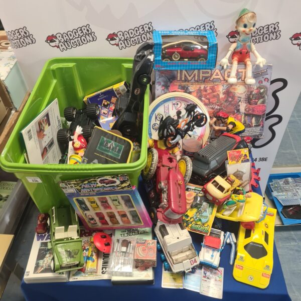 Box full of vintage 1980s and 90s toys and items inc tinplate trucks (inc louis marx & co), ridleys yoyo in box, radio control model car, mickey mouse and more