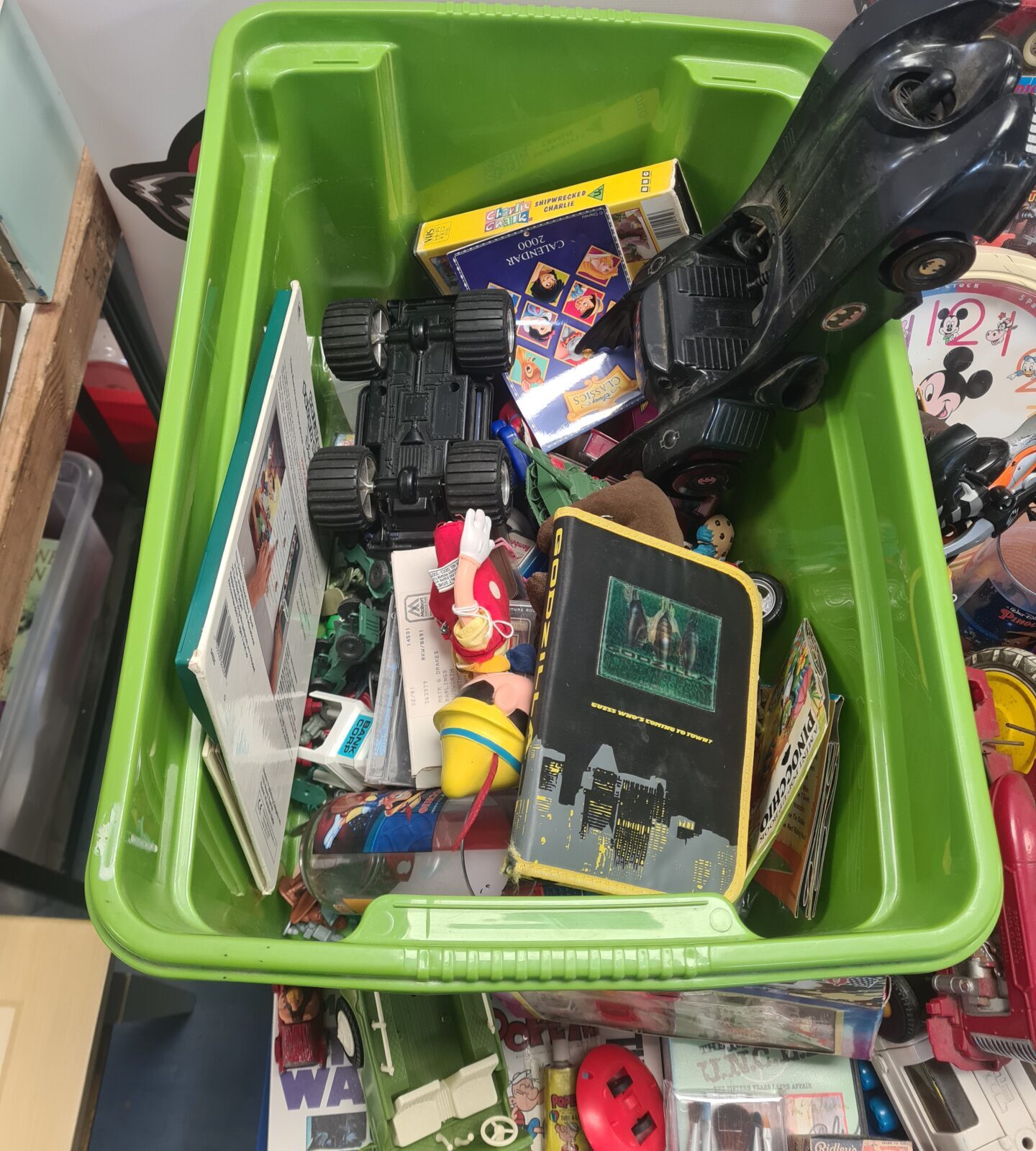 Box full of vintage 1980s and 90s toys and items inc tinplate trucks (inc louis marx & co), ridleys yoyo in box, radio control model car, mickey mouse and more - Image 2