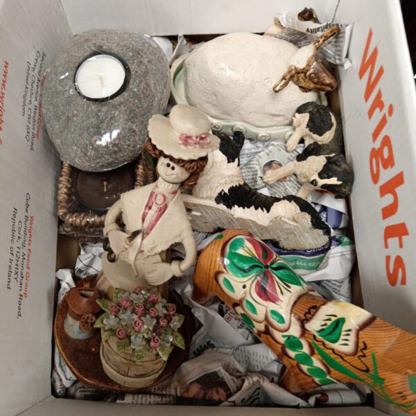 Mixed lot of vintage ornaments and candles with studio pottery sheep.