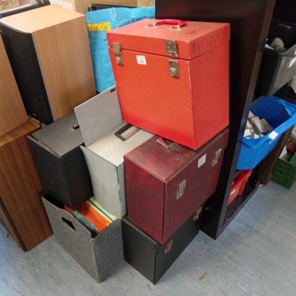 Lot of three vintage vinyl record storage boxes, showing wear.
