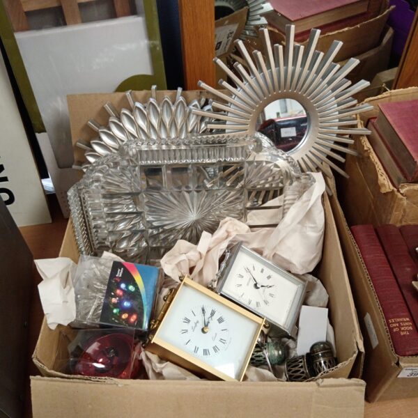 Box of carriage clocks & sunburst mirrors