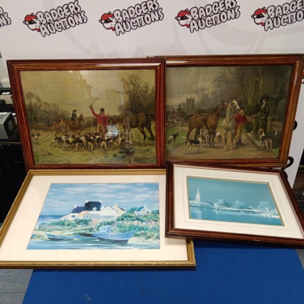 Four framed prints including pair of chromolithograph sonderson wells hunt scenes