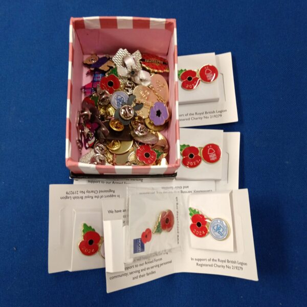 Collection of pin badges including poppies & butlins