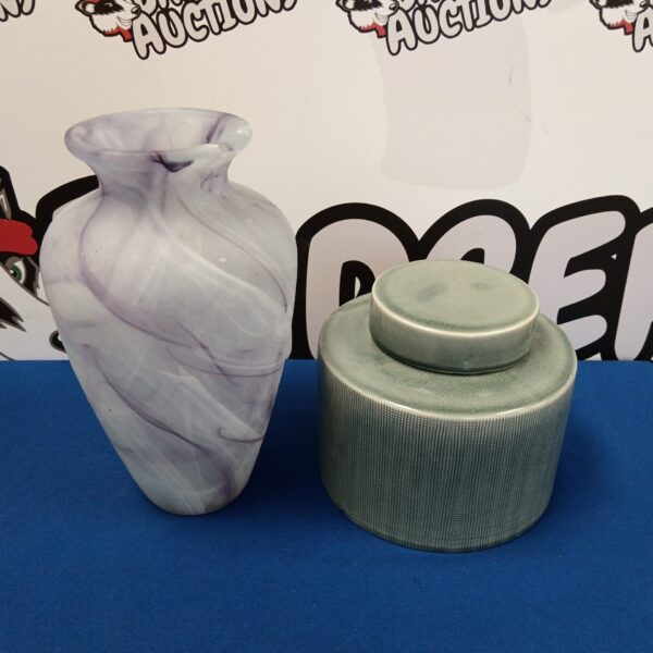 White and grey art glass vase with ceramic lidded pot.