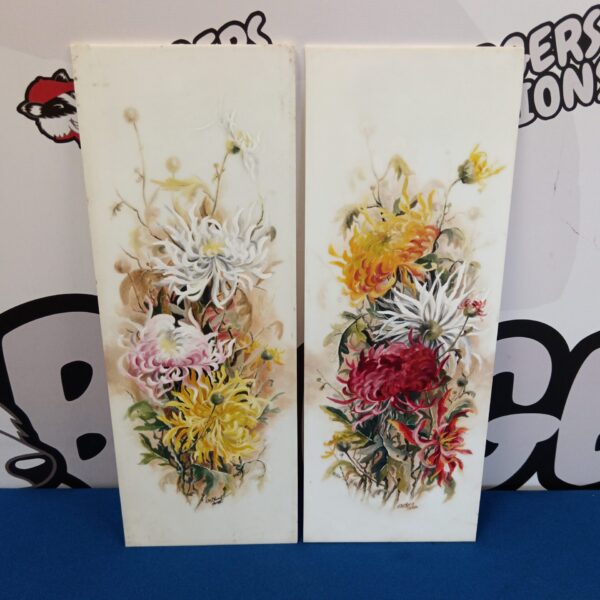 Antique E M Kay floral still life oil painting on opaque glass.