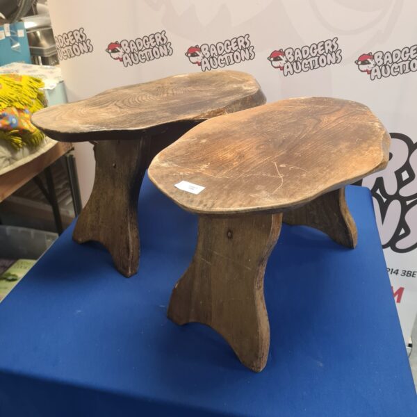 Pair of vintage Appleby oak stools with tripod bases.