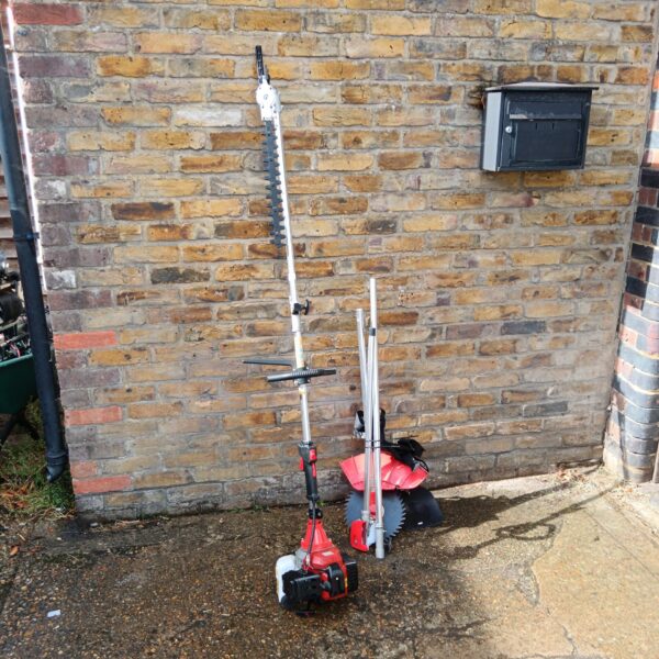 Delourous petrol garden multi tool with attachments for versatile gardening.