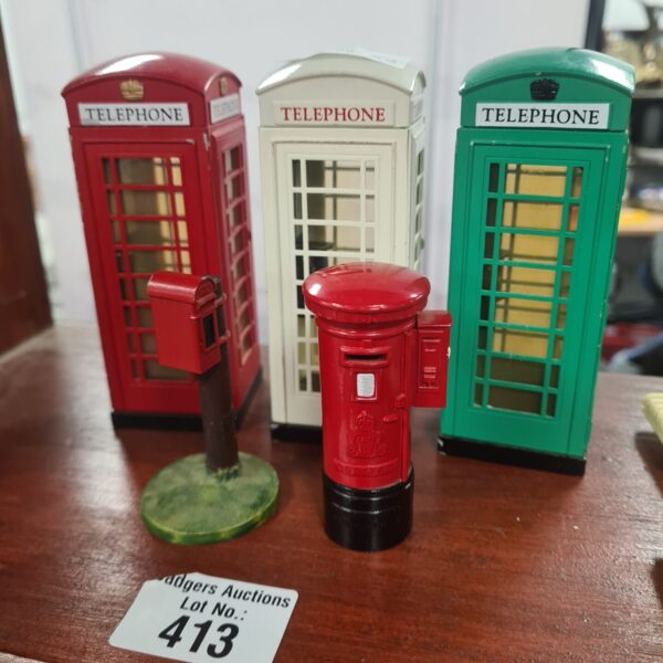Vintage diecast telephone boxes and post boxes for collectors.