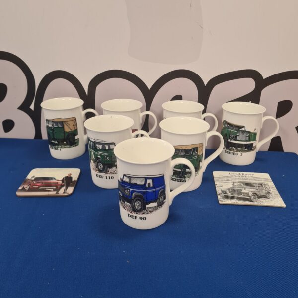 Land Rover Defender mugs and coasters set for collectors.