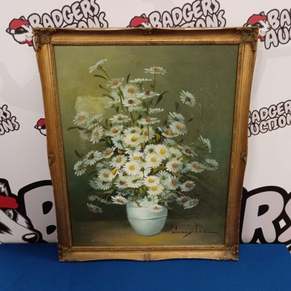 Vintage Nancy Lee oil painting of daisies in a vase with gilt frame.