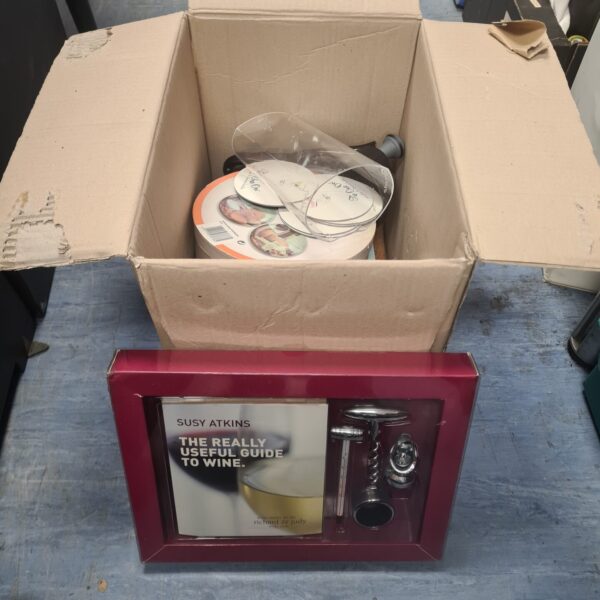Mixed lot of kitchenware and a wine kit in a cardboard box.