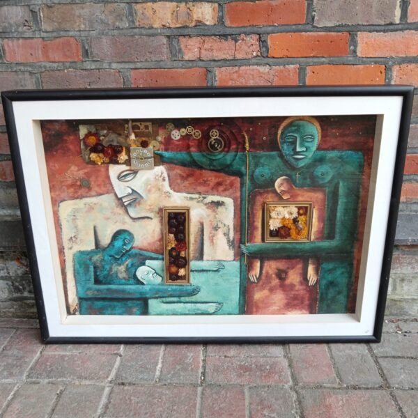 Framed Ian Moore painting, ‘The Magic of Mr Hollis’, surreal artwork.
