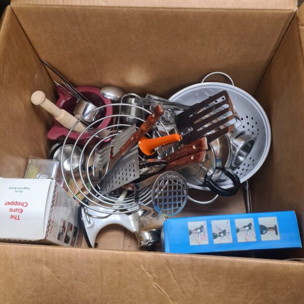 Two boxes of mixed kitchenware inc cutlery
