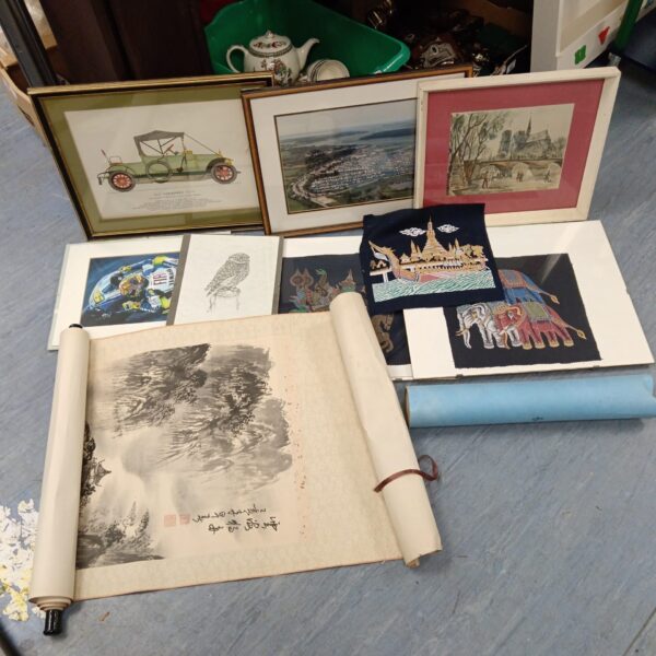 Collection of framed prints and a Chinese scroll painting for sale.