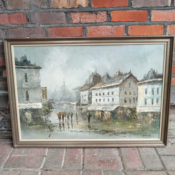 Vintage H Lemon oil painting of a bustling market street scene.