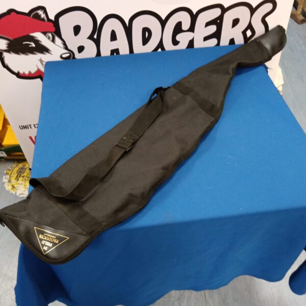 Black padded rifle case for firearm transport and storage.