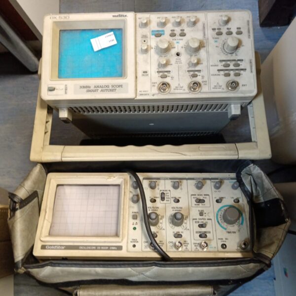 Vintage analog oscilloscope, Meteix ox 530 and Goldstar 9020p, classic test equipment.
