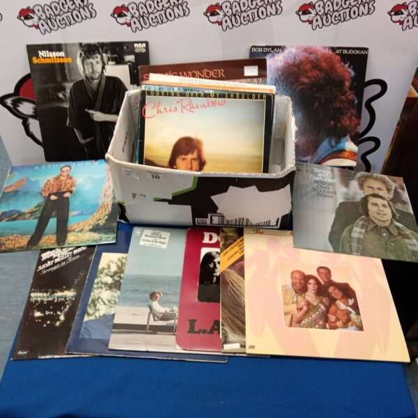 Box of 12" vinyl records including Simon & Garfunkel