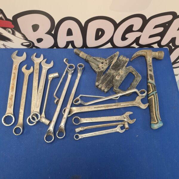Lot of vintage wrenches and spanners, antique steel workshop tools.