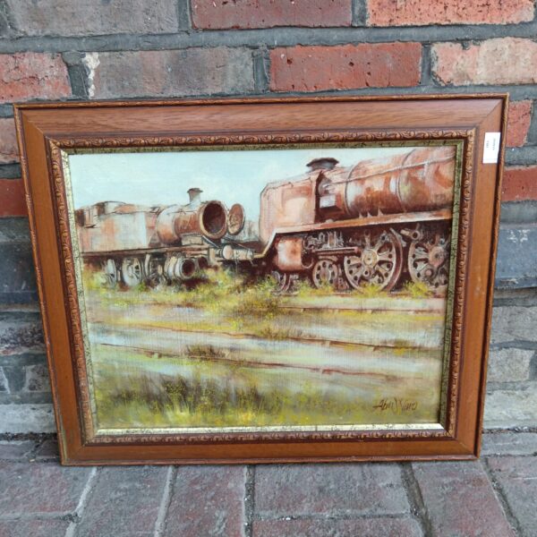 Alan Ward oil painting of a steam train graveyard, railway art.