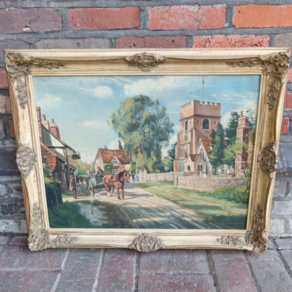 Douglas Ettridge oil painting of a village church and Red Lion pub.