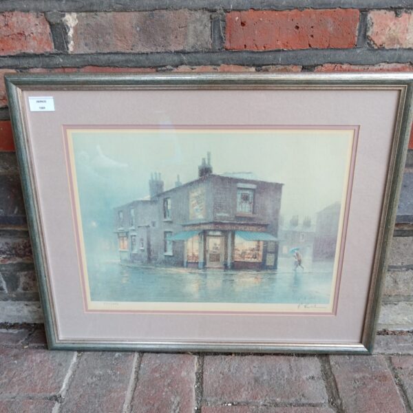 R Richardson limited edition print of a corner shop in the rain.