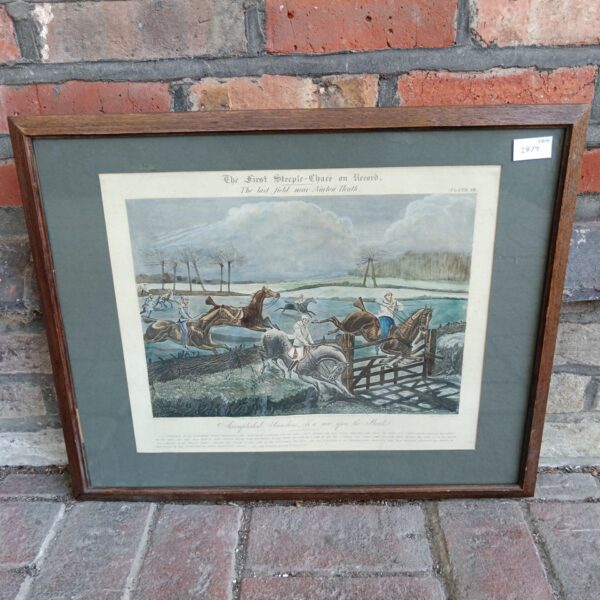 Antique hand-coloured engraving of the first steeple chase by Henry Alken.