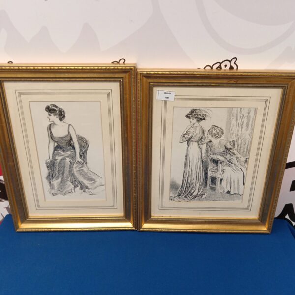Pair of vintage Charles Dana Gibson prints depicting elegant ladies.