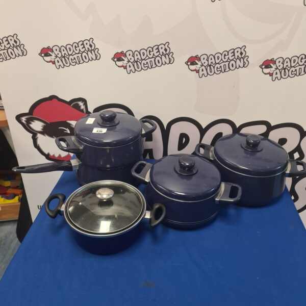 Vintage blue enamel cooking pot set for kitchen use.