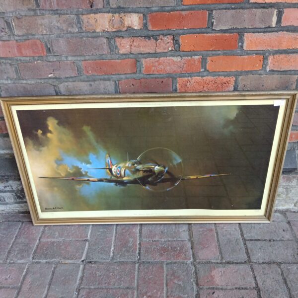 Large framed Barrie A F Clark print of a Spitfire aircraft.