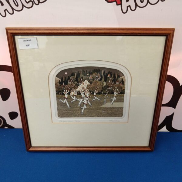 Framed limited edition "Sloppy Slips" cricket etching by Thomas.
