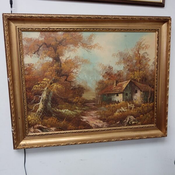 Vintage oil painting of a woodland cottage in a serene landscape.