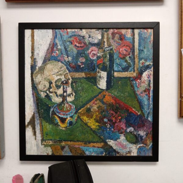 Dramatic still life painting by Mark Ford with skull and flowers.
