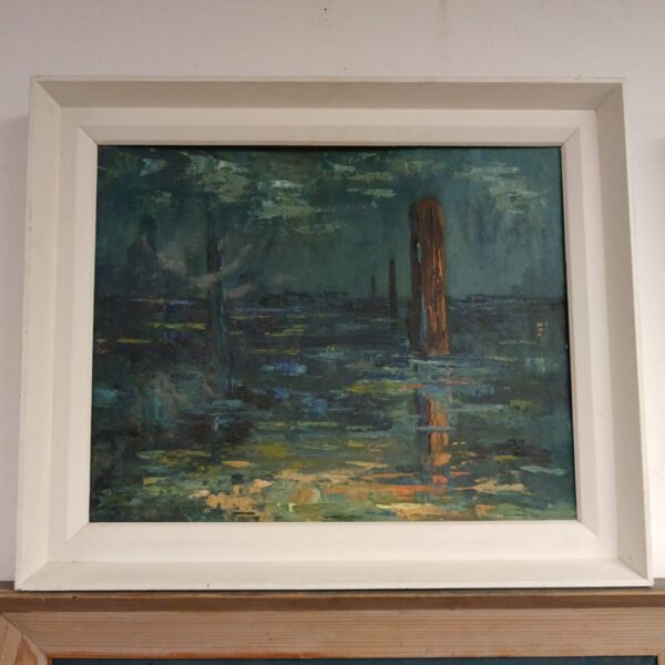 Dark and atmospheric nighttime landscape painting with spires.