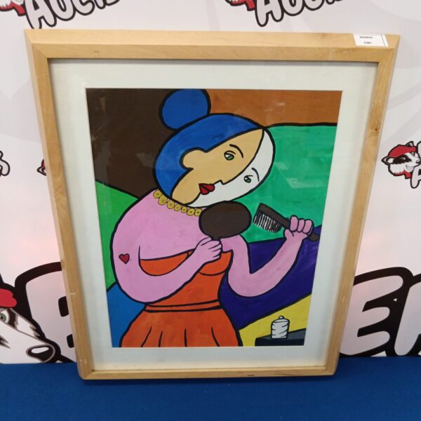 Vibrant watercolour painting in Picasso style, featuring a lady in boudoir.