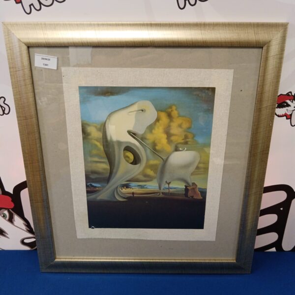 Surrealist landscape painting by Salvador Dali with figures and dreamlike scenery.