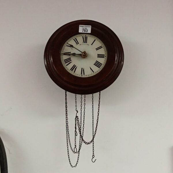 Antique German post office wall clock with weights and pendulum.