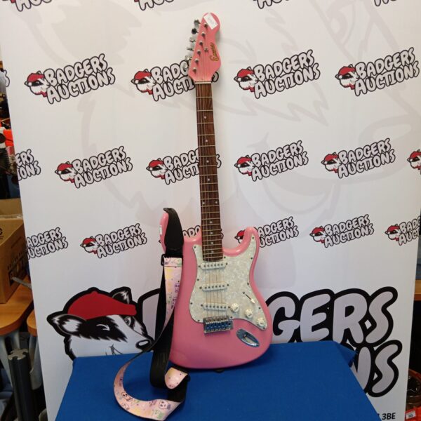 Pink Encore electric guitar with single-coil pickups.