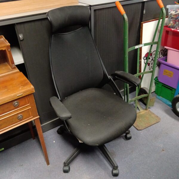Black ergonomic office chair with high back and swivel base.