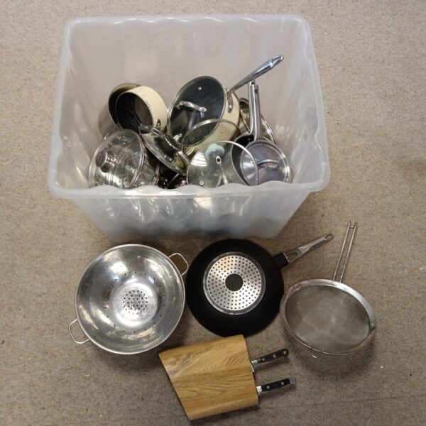 Large box of stainless steel cooking pots & pans including swan & prestige
